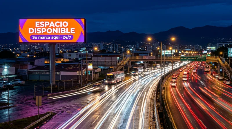 A large illuminated digital billboard offering available advertising space above a busy highway at night