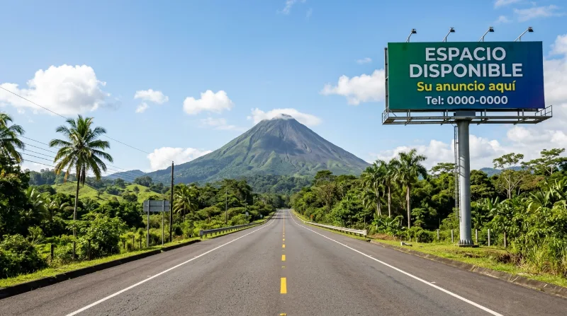 A billboard offering available advertising space beside a Costa Rican highway, a volcano on the horizon ahead