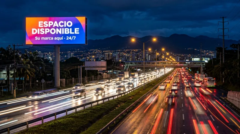 An LED billboard offering available advertising space beside a highway filled with evening traffic
