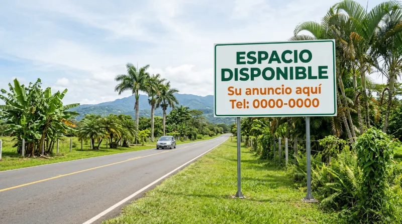 A roadside sign offering available advertising space on a quiet rural road lined with palms